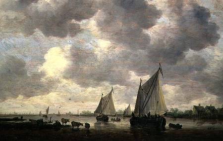 A Canal in Holland, or Two Large Sailing Ships and Cattle Near a River à Jan van Goyen