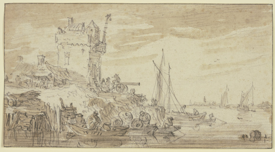 Links an einem Fluss ein befestigter Turm, dabei eine Kanone auf welcher ein Mann sitzt à Jan van Goyen