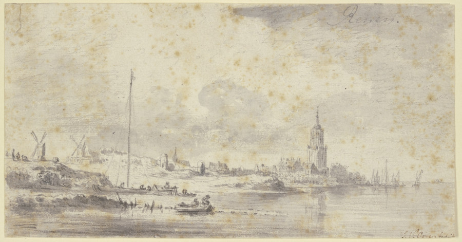 Links an einem Fluss eine Stadt mit Kirche und Festungsmauer, weiter links zwei Windmühlen à Jan van Goyen