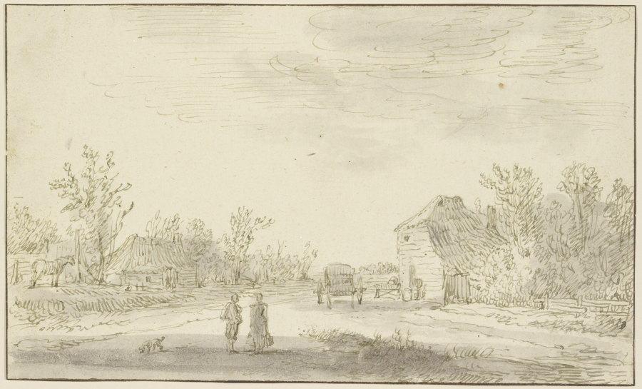 Zwei Figuren und ein Hund vorn auf einem Weg, rechts zurück hält ein Karren vor einem Gehöft, dahint à Jan van Goyen