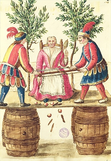 Two Venetian magicians sawing a woman in half à Jan van Grevenbroeck