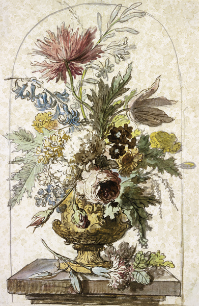Blumenbouquet in einer Vase, vorne liegt eine Nelke à Jan van Huysum