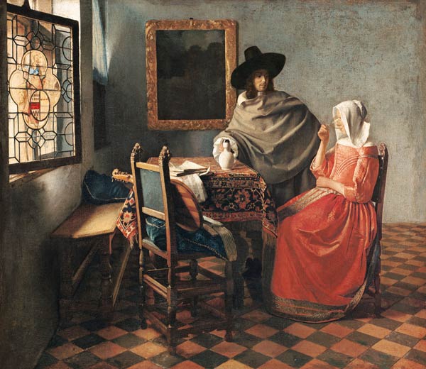 Le verre de vin - peinture huile sur toile de Jan Vermeer van Delft en  reproduction imprimée ou copie peinte à l\'huile sur toile
