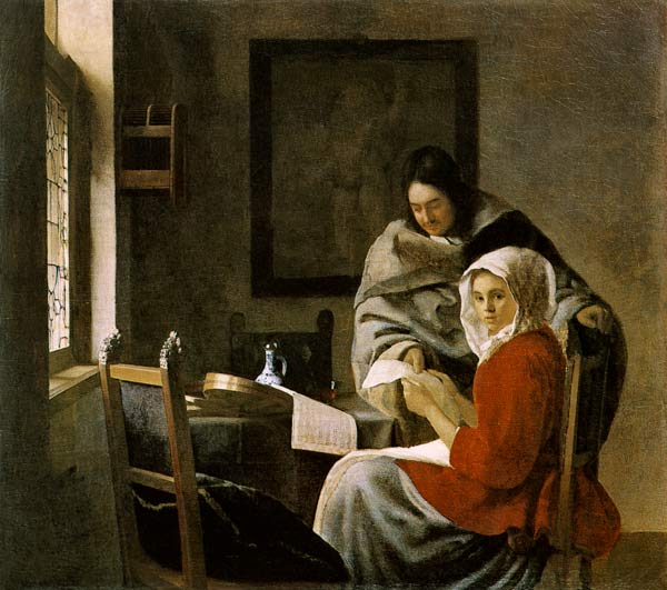 Une fille jouant de la musique est interrompue dans sa musique à Johannes ou Jan  Vermeer de Delft