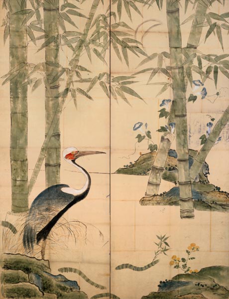 Pine and Bamboo and Cranes (w/c on panel) à École japonaise