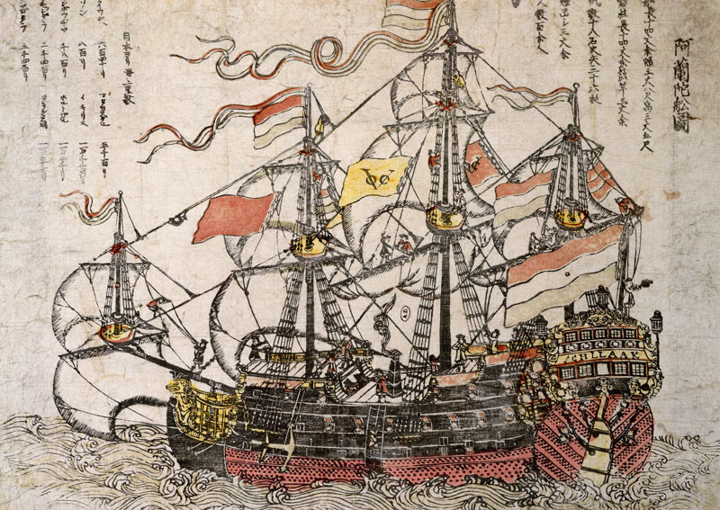 A Dutch Ship (colour woodblock print) à École japonaise