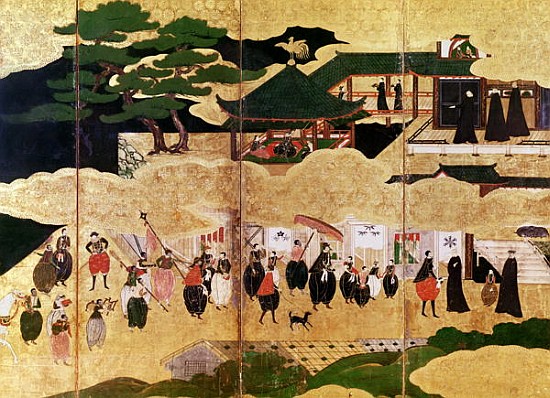 The Arrival of the Portuguese in Japan, detail of the right-hand section of a folding screen, Kano S à École japonaise