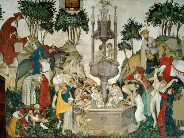The Fountain of Life, detail of people arriving and bathing in the fountain à Jaquerio