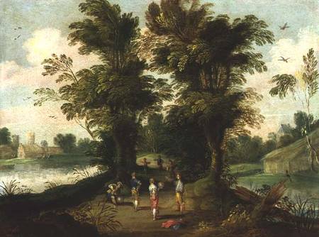 Young men playing a ball game while one blows up a bladder à Jasper van der Lamen