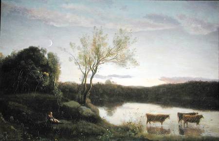 A Pond with three Cows and a Crescent Moon à Jean-Baptiste-Camille Corot