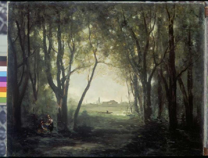 The pond. - Jean-Babtiste-Camille Corot en reproduction imprimée ou copie  peinte à l\'huile sur toile