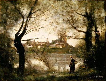 View of the Town and Cathedral of Mantes Through the Trees, Evening à Jean-Baptiste-Camille Corot