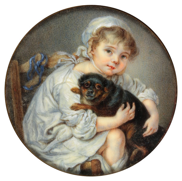 Kleines Mädchen mit Hund (Emaille) à Jean Baptiste Greuze