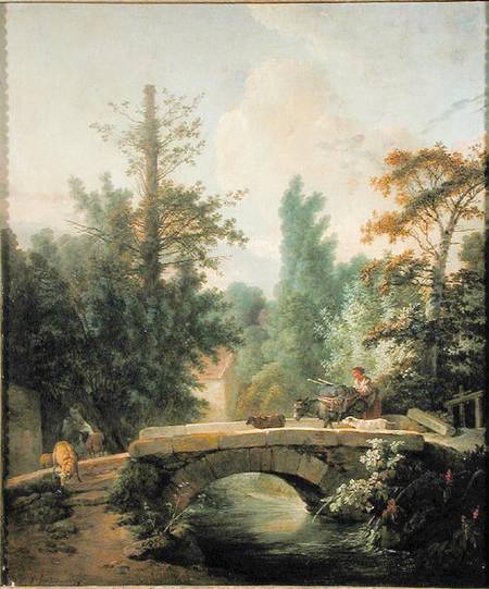 Peasant and her Donkey Crossing a Bridge à Jean-Baptiste Huet