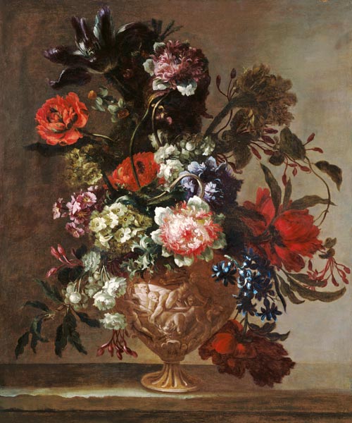 Still life of flowers in a sculpted vase à Jean Baptiste Monnoyer