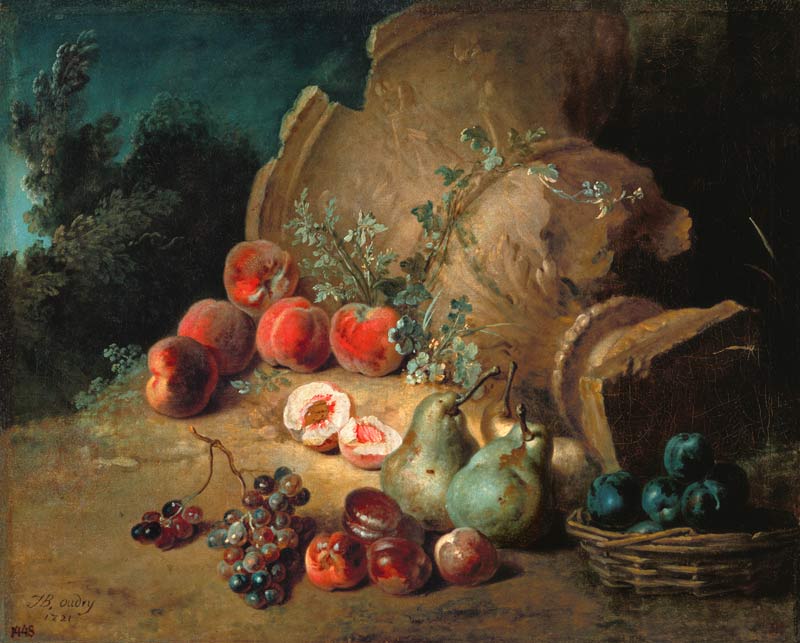Vie de fruits à côté d'un steingutvase de bien de pierre tombée à Jean Baptiste Oudry