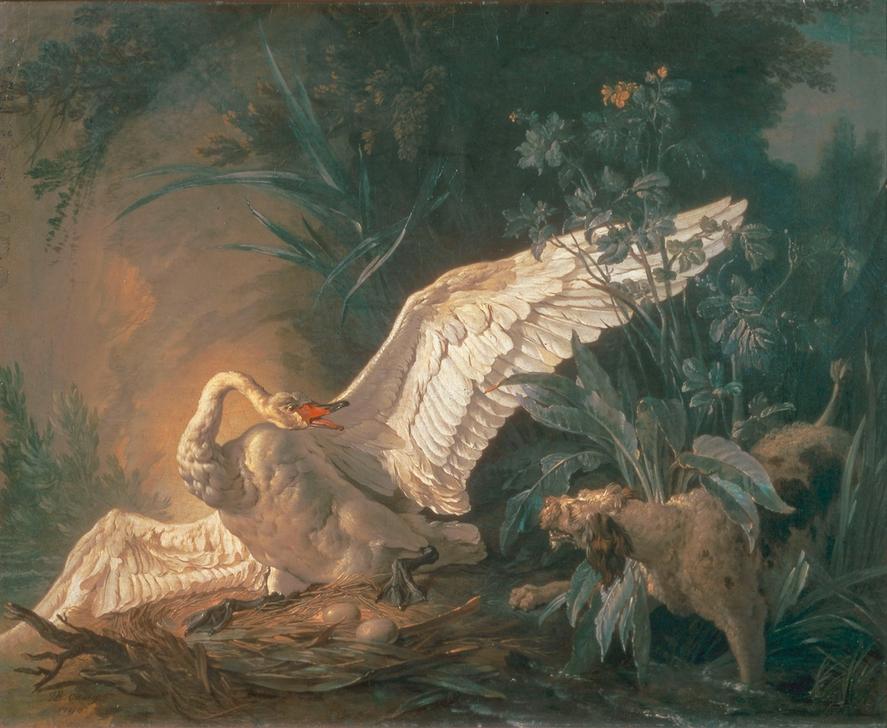 Chien barbet attaquant un cygne dans son nid à Jean Baptiste Oudry