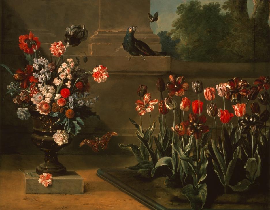Parterre de tulipes et vase de fleurs au pied d’un mur à Jean Baptiste Oudry