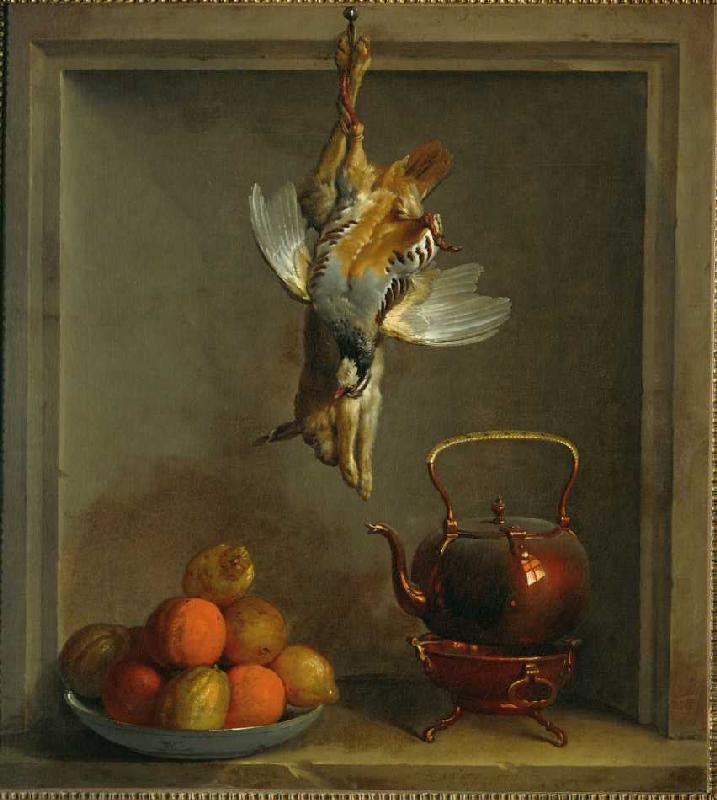 Rebhuhn, Hase, Zitronen, Orangen und Teekessel. à Jean Baptiste Oudry