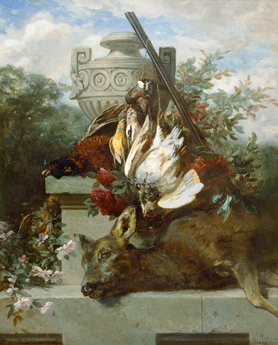 Nature morte de chasse avec des oiseaux, un chevreuil et des fleurs à Jean Baptiste Robie