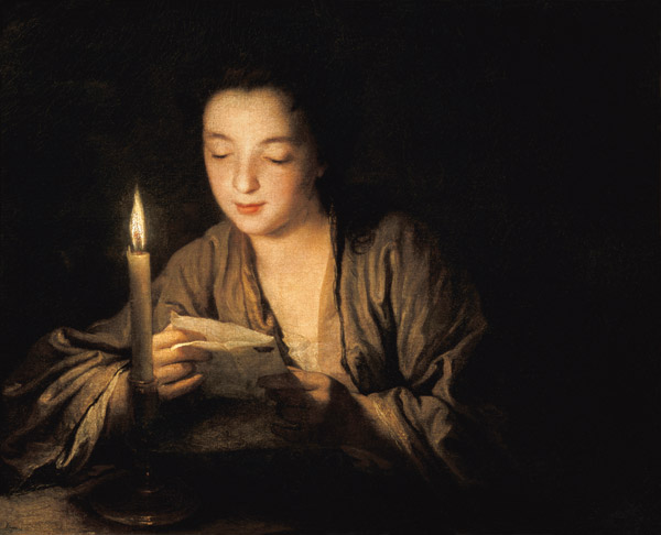 Jeune fille lisant une lettre à la bougie - tableau de Jean Baptiste  Santerre en reproduction imprimée ou copie peinte à l\'huile sur toile
