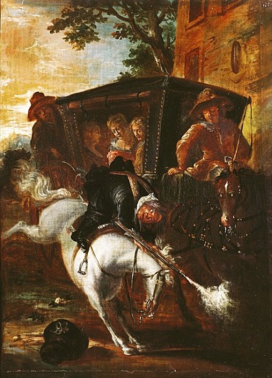With a Musket on his Back, Ragotin Climbs onto his Horse to Accompany the Troupe, from ''Roman Comiq à Jean de Coulom