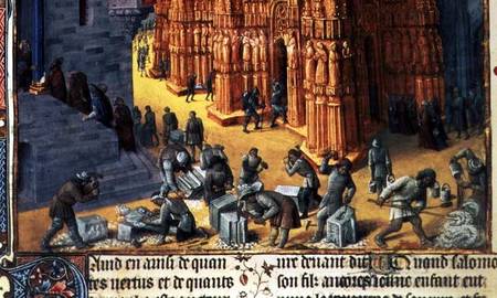 Fr 847 f.153 The Building of the Temple of Jerusalem, detail showing masons at work à Jean Fouquet