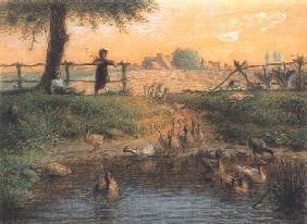 Enfants paysans à un étang d'oie