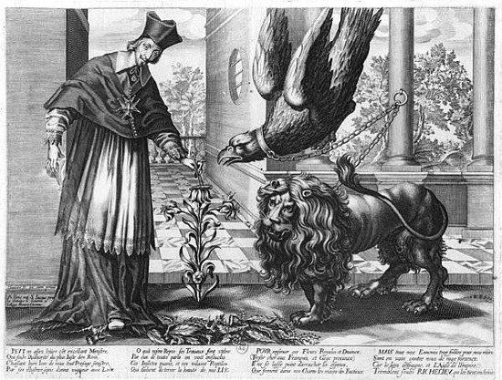 Allegory in praise of Cardinal Richelieu (1585-1642) fighting against Austria (the eagle) Spain (the à Jean Ganiere ou Gagniere