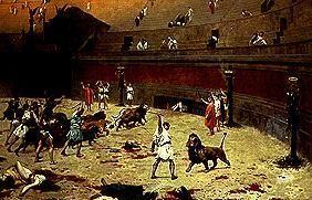 Après la lutte entre esclaves et chats sauvages dans le cirque romain.
