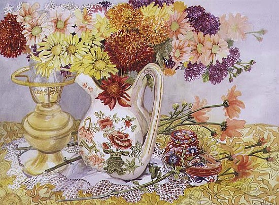 Chrysanthemums in a Chinese Jug (w/c)  à Joan  Thewsey