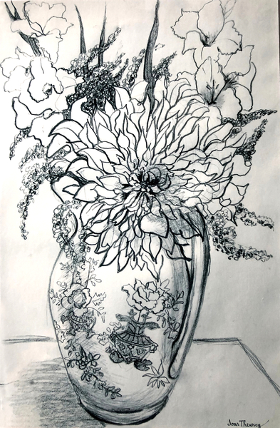 Dahlias and Gladioli in a Chinese Patterned Jug à Joan  Thewsey