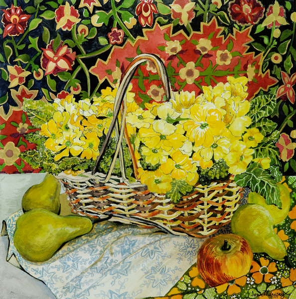 Yellow Primroses in a Basket,with Fruit and Textiles à Joan  Thewsey