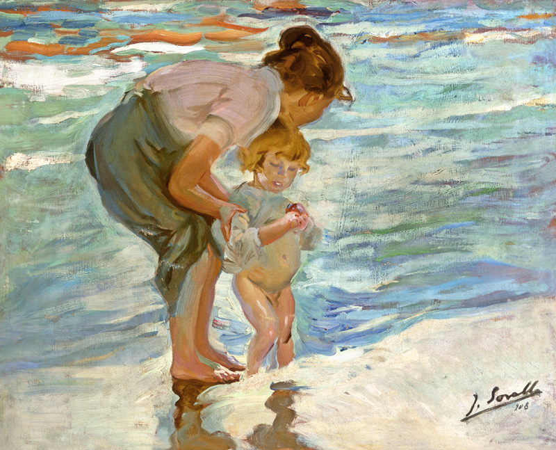 Mère et enfant sur la plage à Joaquin Sorolla