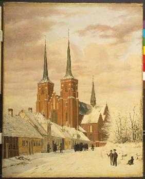 Scène d'hiver à Roskilde avec la cathédrale.