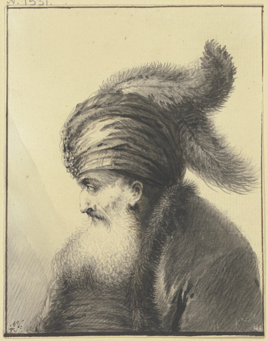 Bärtiger Alter mit Turban mit zwei langen Federn im Profil nach links à Johann Andreas Benjamin Nothnagel
