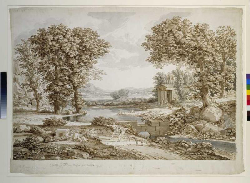 Große stilisierte Landschaft mit einem Fluß und Tempel. Vorne zwei Jünglinge mit Jagdspießen und Win à Johann Christian Reinhart