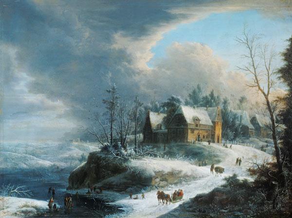 Paysage d'hiver avec un petit village sur un fleuve gelé.