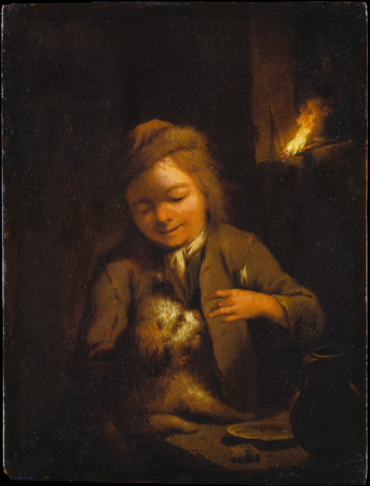 Boy Teasing a Dog: Nightscene Lit by Pinewood Torch à Johann Conrad Seekatz