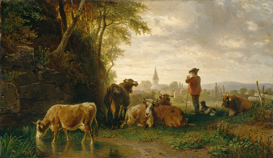 berger et vaches, au loin un village à Johann Friedrich Voltz
