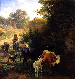 bergère avec le troupeau à l'abreuvoir à Johann Friedrich Voltz