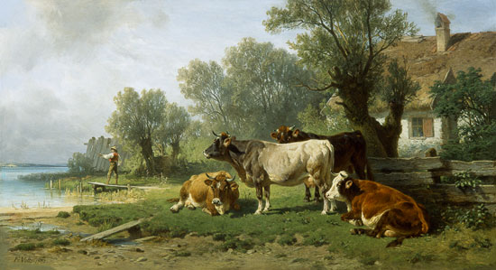 berger avec des vaches au bord du lac à Johann Friedrich Voltz