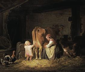 jeune paysanne avec l'enfant trayant