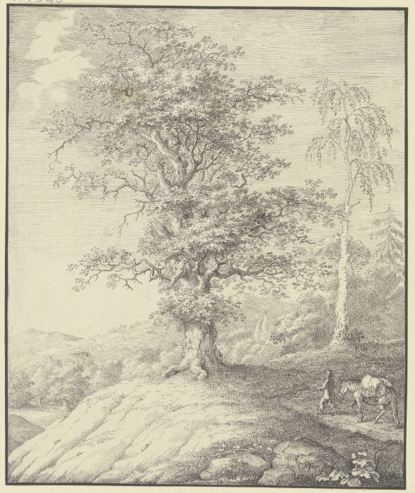 Eichbaum und Birke auf einer Anhöhe, von rechts führt ein Mann ein bepacktes Pferd herbei à Johann Georg Pforr