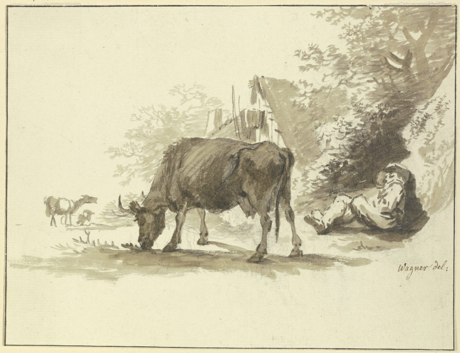 Ruhender Hirt mit einer Kuh vor einem Haus à Johann Georg Wagner