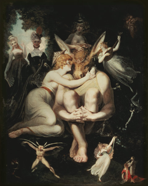 Titania Awakes, Surrounded by Attendant Fairies, clinging rapturously to Bottom, still wearing the A à Johann Heinrich Füssli