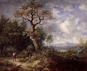Paysage de forêt avec des randonneurs et un chien. à Johann Jakob Dorner le Jeune