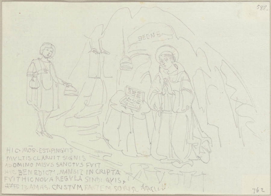 Benedikt von Nursia vom Teufel mit Speisen versehen, in einer kleinen Kapelle auf dem Weg nach Santa à Johann Ramboux