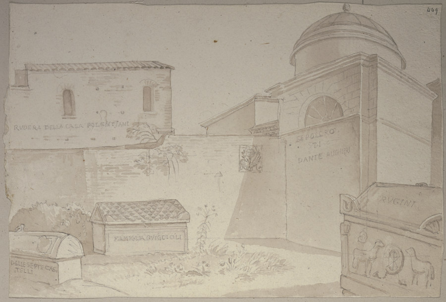 Dantes Grabmal und weitere Sarkophage auf dem Friedhof der San Francesco in Ravenna à Johann Ramboux