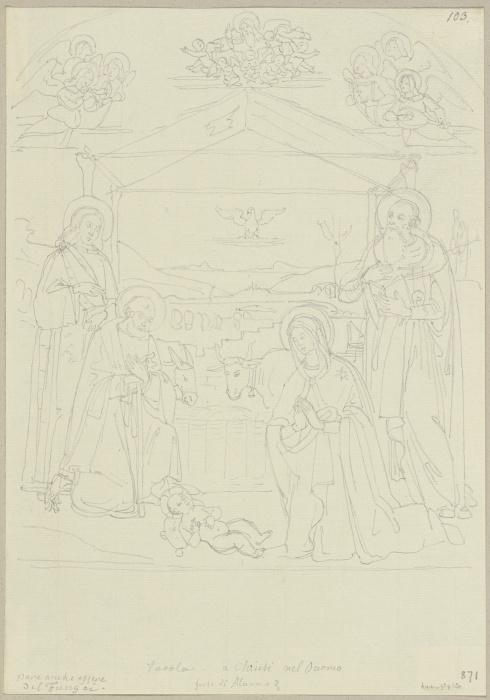 Die Anbetung des Kindes mit dem Heiligen Secondiano und dem Heiligen Hieronymus, nach einem Tafelbil à Johann Ramboux